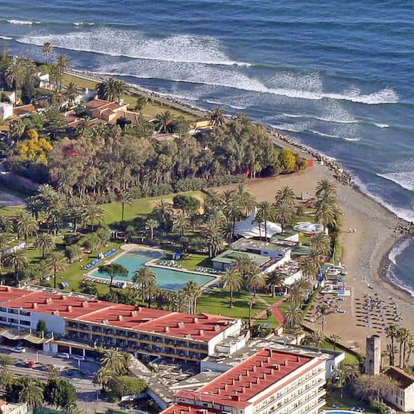 Aerial view of Sol Marbella Estepona Atalaya Park including beach and sea