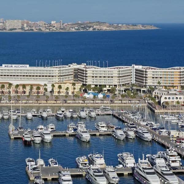 Aerial view of Melia Alicante Hotel and adjacent marina