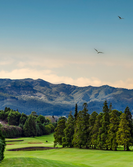 View of lakes and mountains at Santo da Serra Golf Club