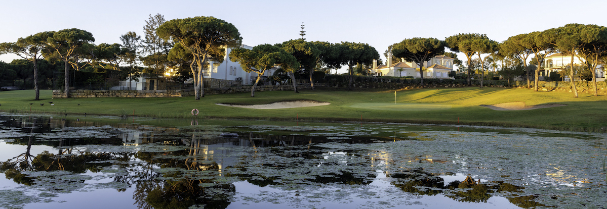 This green on Pestana Vila Sol Golf is guarded by water, and lined by umbrella pines