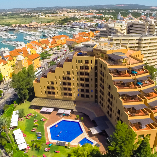 Aerial view of Dom Pedro Marina Hotel including pool and marina