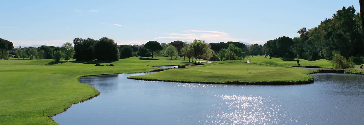 Water surrounds this green on Sheraton Parco de' Medici Golf