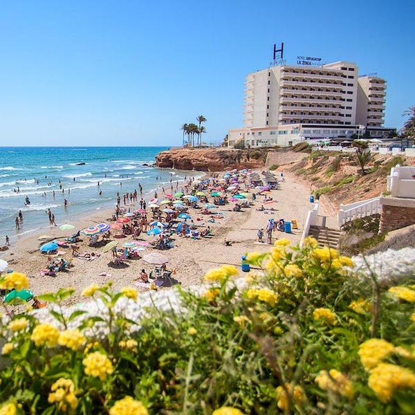View from beach of La Zenia Hotel with flowers in the foreground